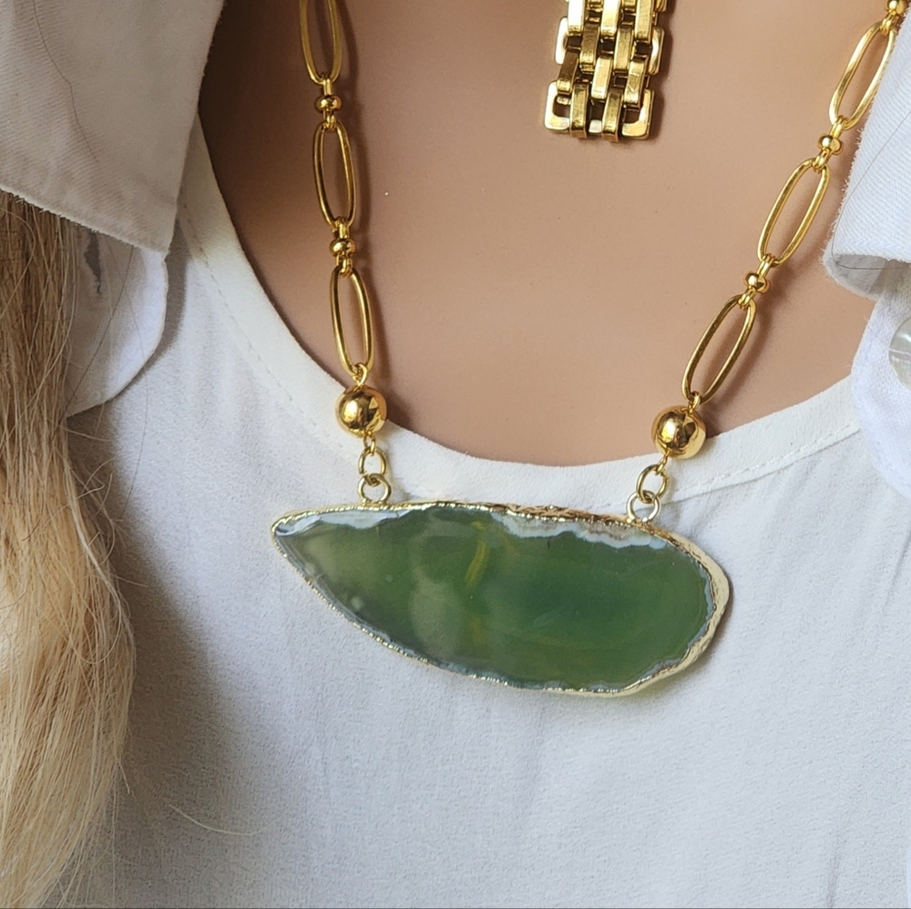Boho Genuine Gold plated Raw Agate Stone Hypoallergenic Boho Necklace - Picture 5 of 13
